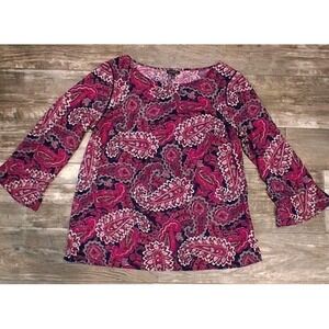 Talbots Paisley Blouse Women 3/4 Sleeve Pink Black Print Top Lightweight